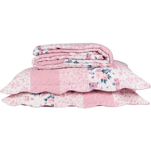 Conjunto De Colcha Casal Boutis Matelada Estampa Patchwork Rosa