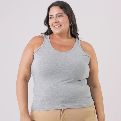 Blusa Regata Plus Size Cotton Cinza - Decote U