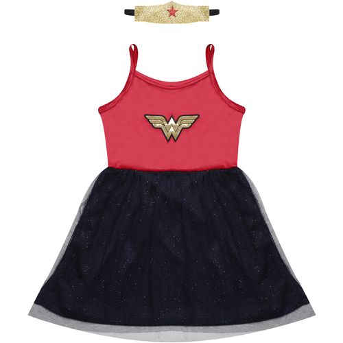 Vestido Infantil Sem Manga Mulher Maravilha Glitter Vermelho Warner