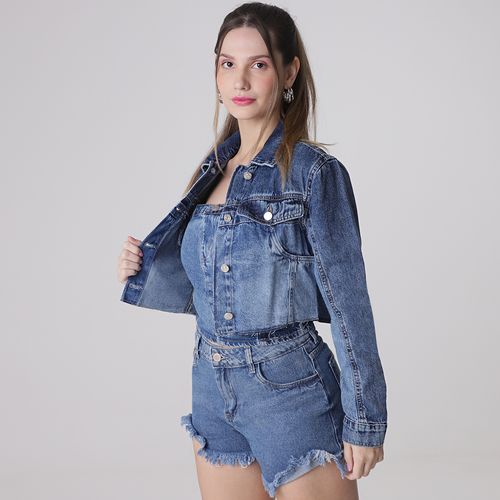 Jaqueta Jeans Cropped Desconstruída Bicolor