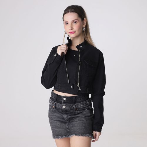 Jaqueta Manga Longa Jeans Biker Cropped Zíper