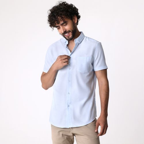 Camisa Manga Longa Oxford Bolso Azul Claro - Id