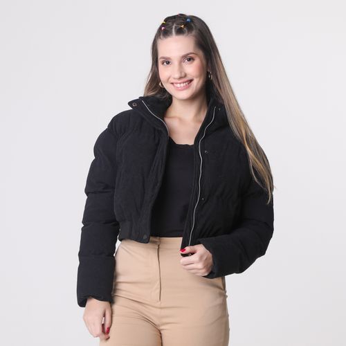 Jaqueta Manga Longa Cropped Corduroy Puffer Preto