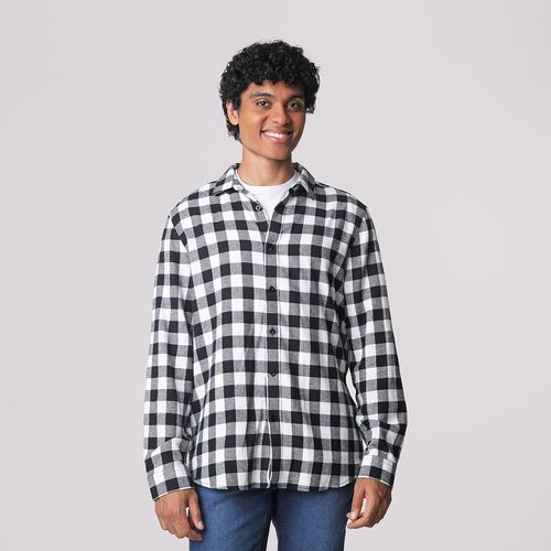 Camisa Manga Longa Flanela Xadrez Branco e Preto - ID Jovem