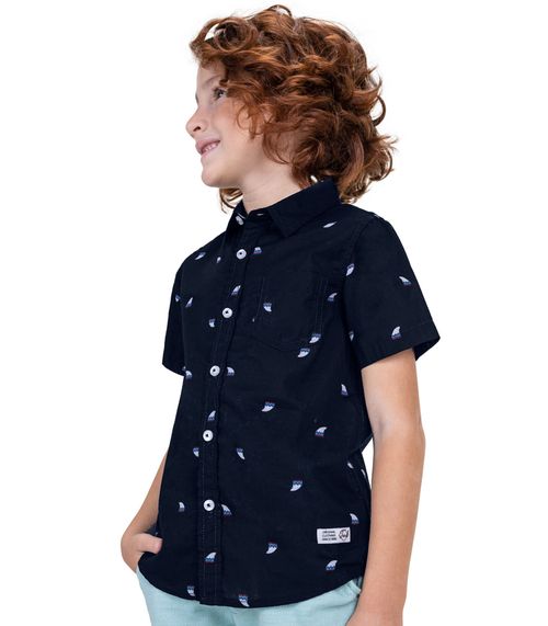 Camisa Infantil Masculina Em Popeline Trick Nick Azul