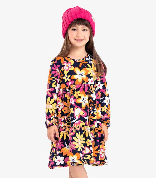 Vestido Infantil Manga Longa Florido Rovi Kids Azul