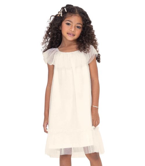 Vestido Infantil Em Cotton Leve e Tule Trick Nick Bege