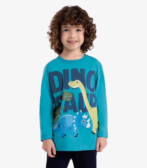 Camiseta Infantil Manga Longa Dino Rovi Kids Azul