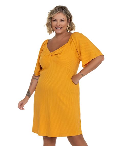 Vestido Plus Size Ribana Canelada Secret Glam Amarelo