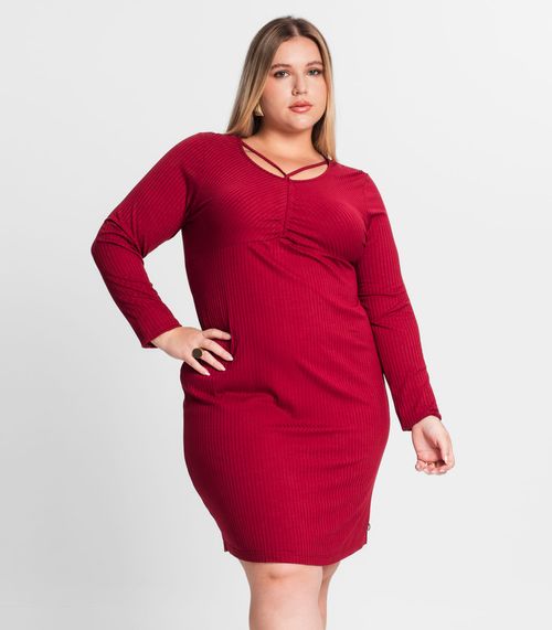 Vestido Plus Size Em Ribana Canelada Secret Glam Vermelho