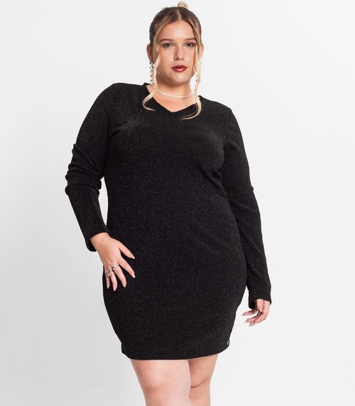 Vestido Plus Size Feminino Manga Longa Secret Glam Preto