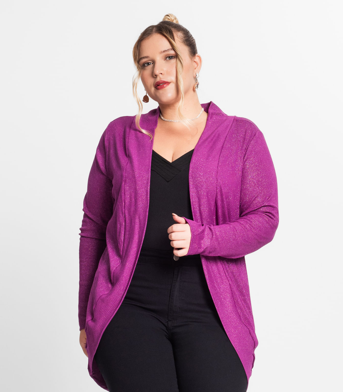 Cardigan Plus Size Em Ribana Canelada Secret Glam Roxo | FastStore PDP