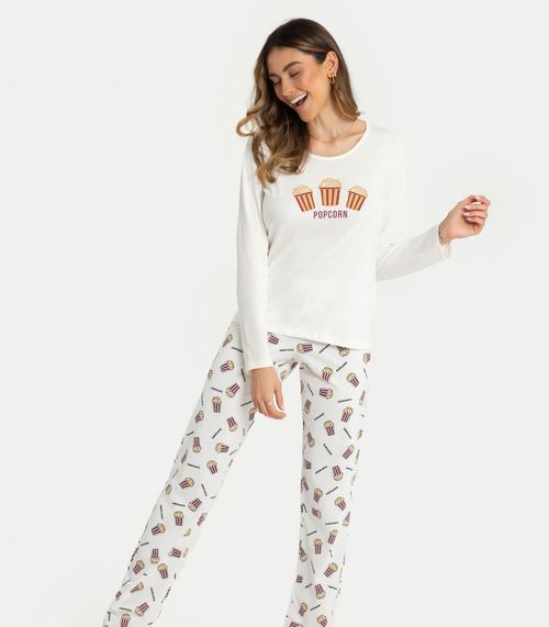 Pijama Feminino Estampa Popcorn Mensageiro da Paz Branco