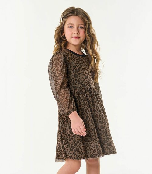 Vestido Manga Longa Infantil Oncinha Trick Nick Marrom