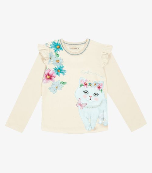 Blusa Manga Longa Infantil Gatinho Trick Nick Bege