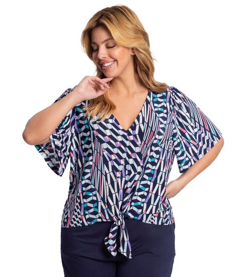 Blusa Feminina Plus Size Geométrica Secret Glam Azul