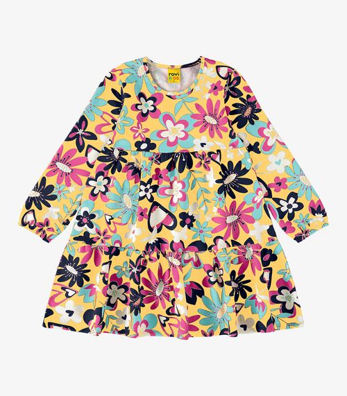 Vestido Infantil Manga Longa Florido Rovi Kids Amarelo