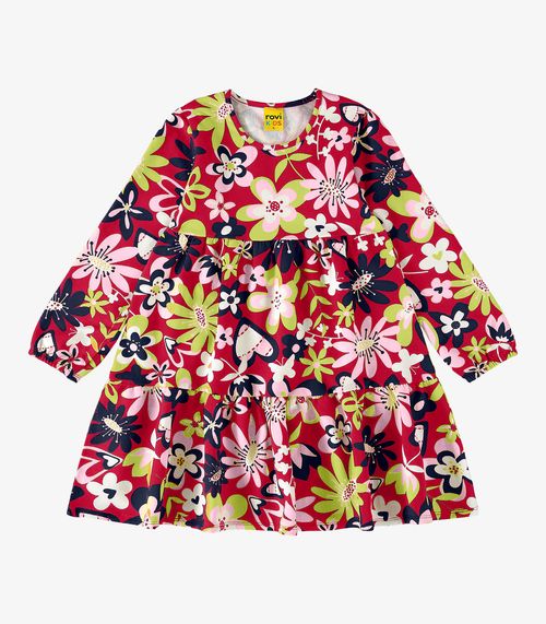 Vestido Infantil Manga Longa Florido Rovi Kids Vermelho