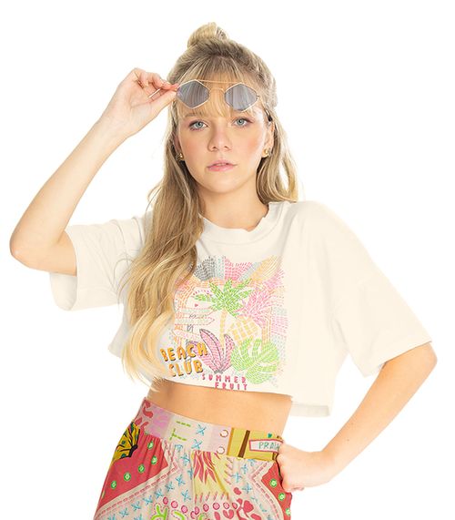 Blusa Cropped Feminina Beach Rovitex Teen Bege