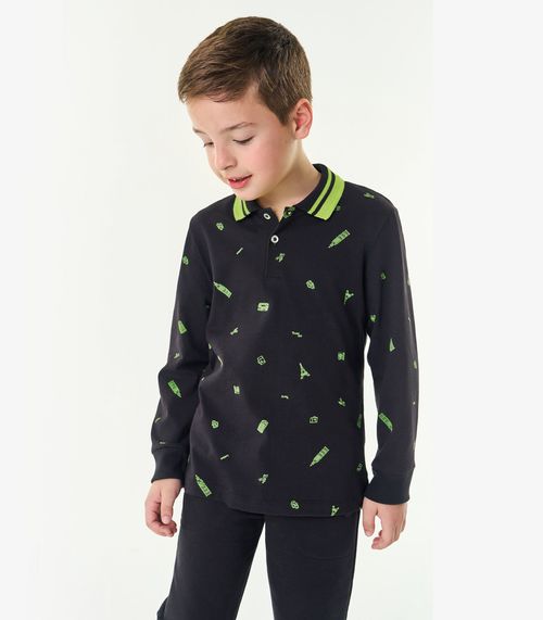 Camisa Polo Infantil Manga Longa Trick Nick Preto