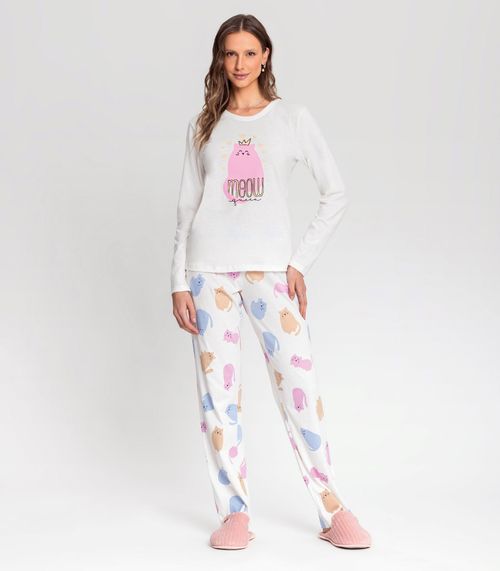 Pijama Manga Longa Creme com Estampa de Gatos Branco