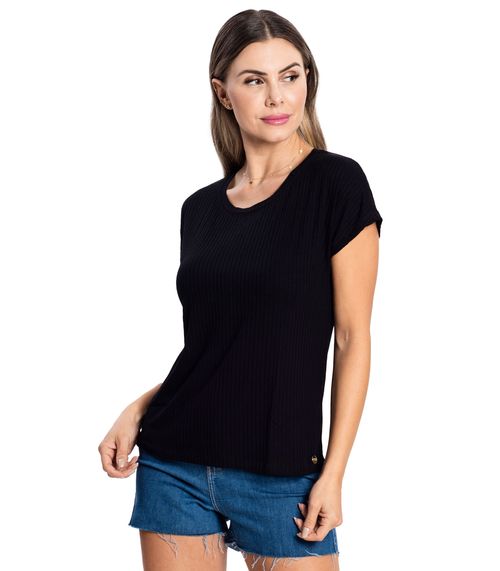 Blusa Feminina Ribana Canelada Básica Rovitex Preto