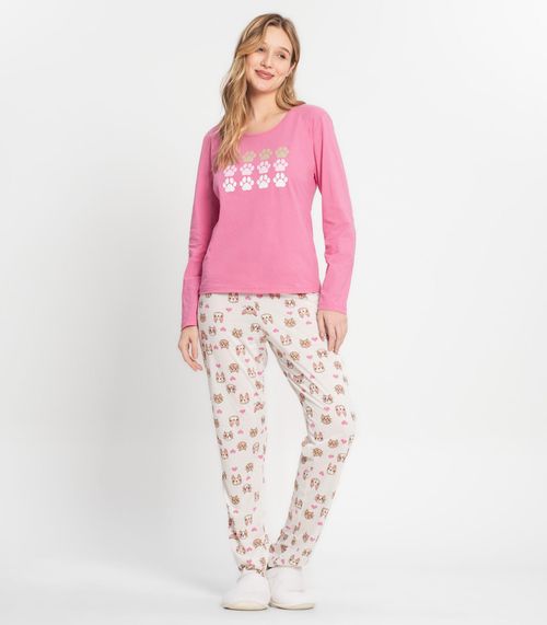 Pijama Manga Longa com Patinhas Mensageira Da Paz Rosa