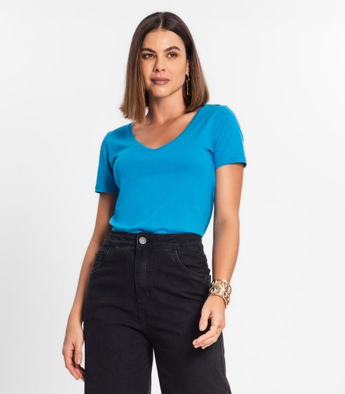 Blusa Feminina Manga Curta Decote V Rovitex Azul