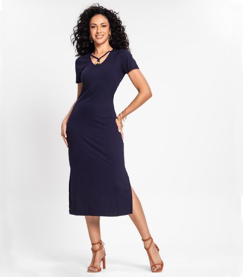 Vestido Midi Feminino Em Ribana Canelada Rovitex Azul