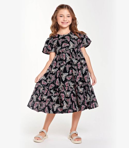 Vestido Midi Infantil Borboletas Trick Nick Preto