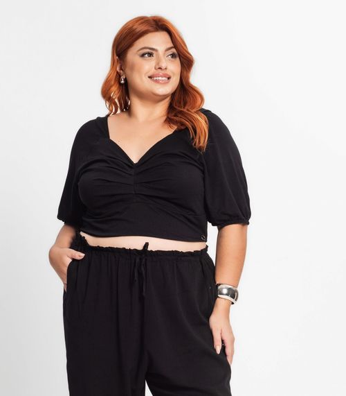 Blusa Feminina Manga 3/4 Plus Size Secret Glam Preto