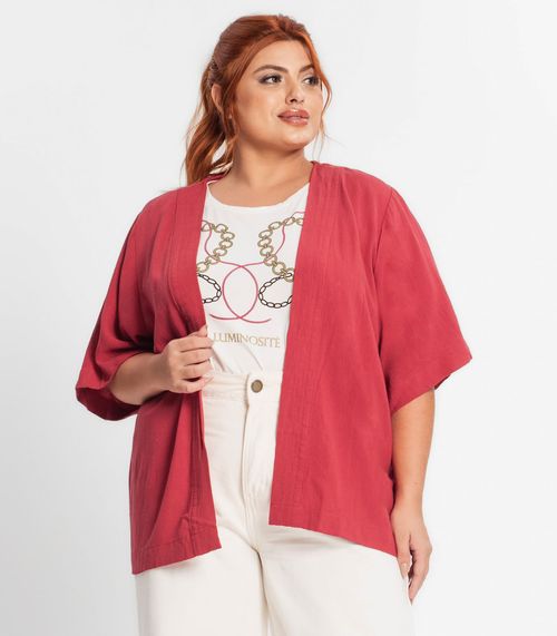 Kimono Plus Size Feminino Em Linho Secret Glam Vermelho