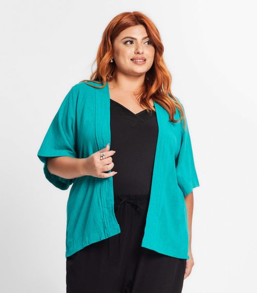 Kimono Plus Size Feminino Em Linho Secret Glam Verde