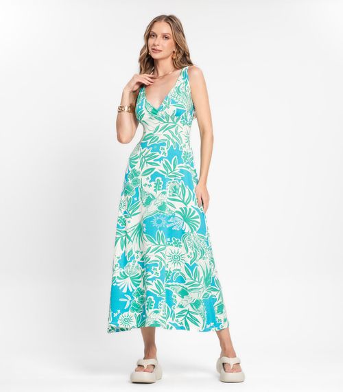 Vestido Midi De Alça Estampado Rovitex Azul