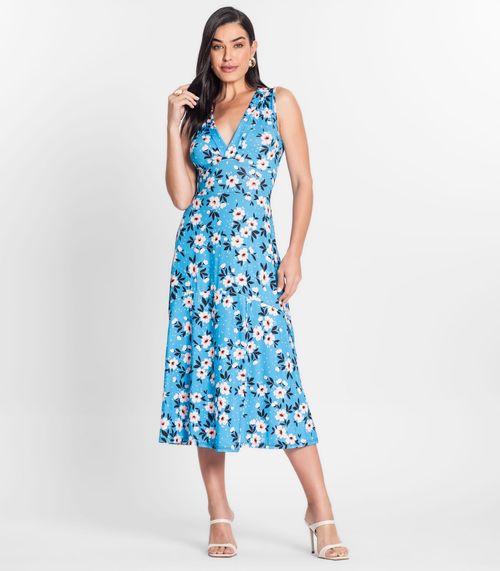 Vestido Feminino Longo Estampado Sem Manga Donna Azul