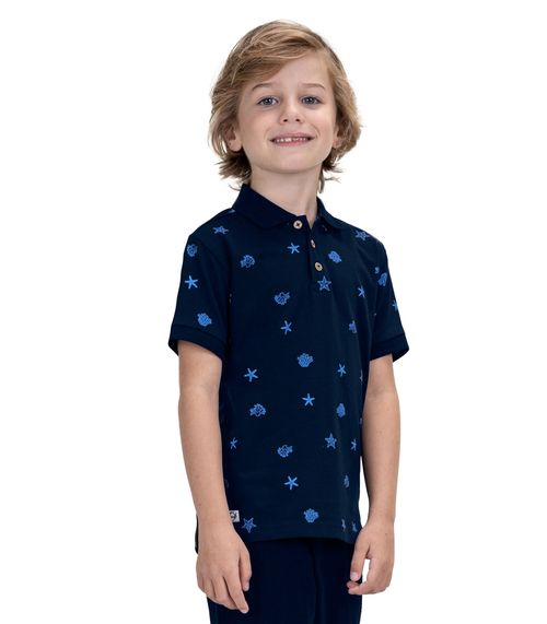 Camisa Polo Infantil Estampada Trick Nick Azul