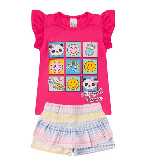 Conjunto Menina Cotton Manga Com Babados Estampado Rosa