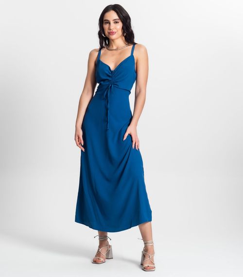 Vestido Feminino Midi Franzido Style Box Azul