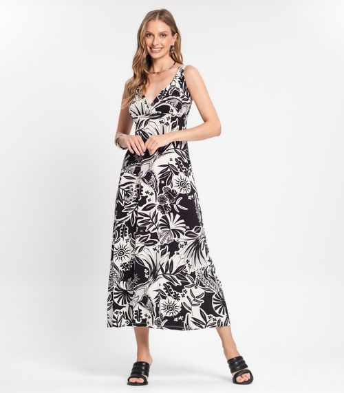 Vestido Midi De Alça Estampado Rovitex Preto