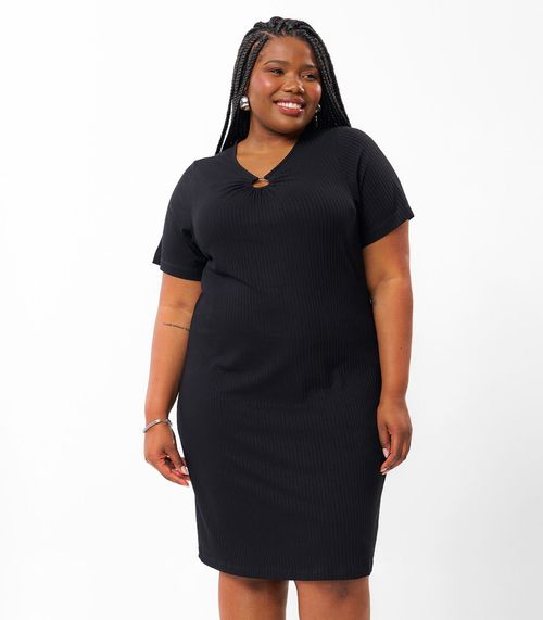 Vestido Plus Size Em Ribana Canelada Secret Glam Preto