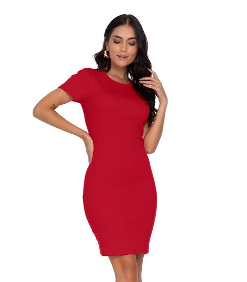 Vestido Acinturado Em Ribana Canelada Rovitex Vermelho