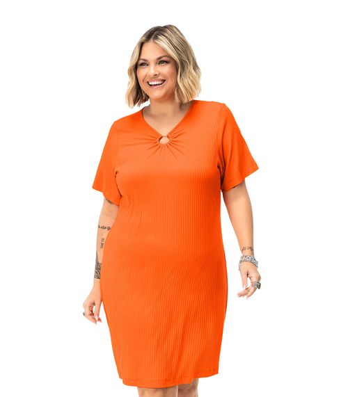 Vestido Plus Size Em Ribana Canelada Secret Glam Laranja