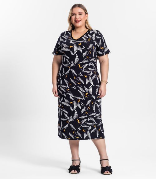 Vestido Feminino Plus Size Estampado Secret Glam Preto