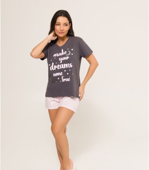 Pijama Feminino Manga Curta Meia Malha Evanilda Rosa