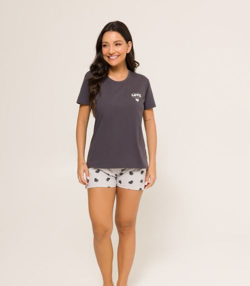 Pijama Feminino Manga Curta Meia Malha Evanilda Cinza