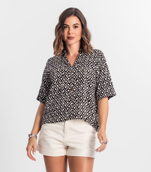 Camisa Feminina Estampada Com Botões Select Preto