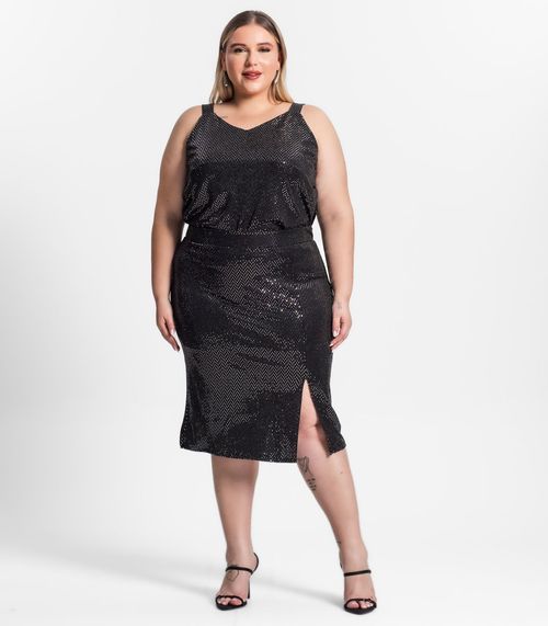 Saia Feminina Plus Size Em Lantejoula Secret Glam Preto