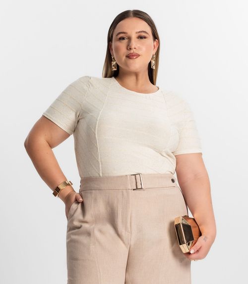 Blusa Plus Size Com Listras Secret Glam Bege