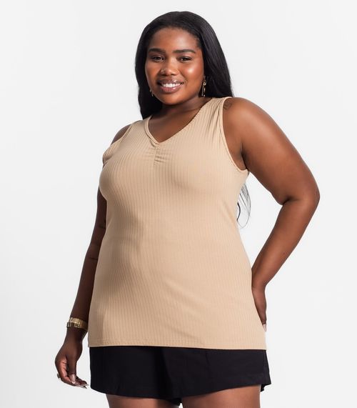 Regata Plus Size Em Ribana Canelada Secret Glam Marrom