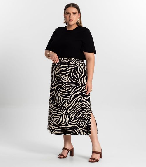 Saia Midi Plus Size Estampada Secret Glam Preto